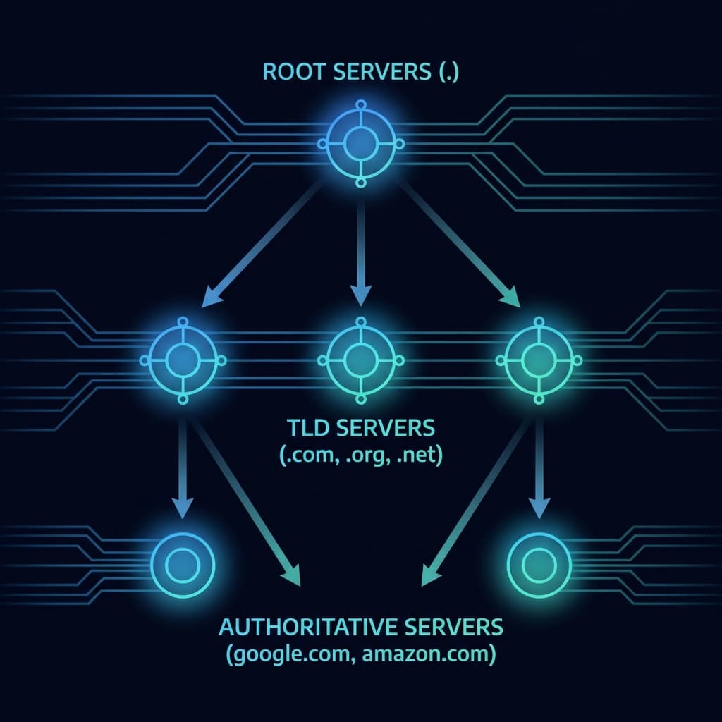 DNS Hierarchy showing Root, TLD, and Authoritative servers