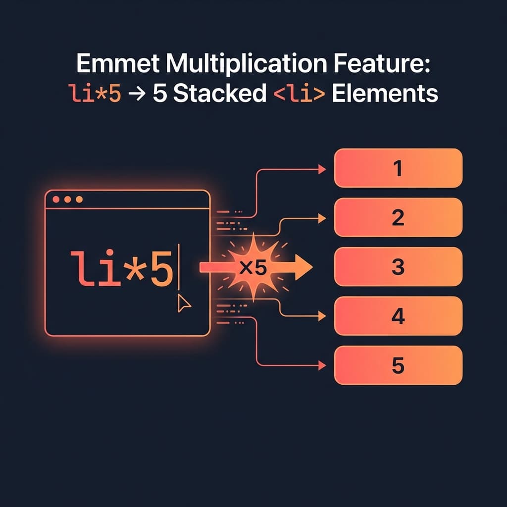 Emmet multiplication feature showing li*5 creating 5 elements