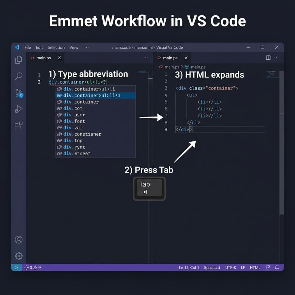 Emmet workflow in VS Code showing type, tab, expand