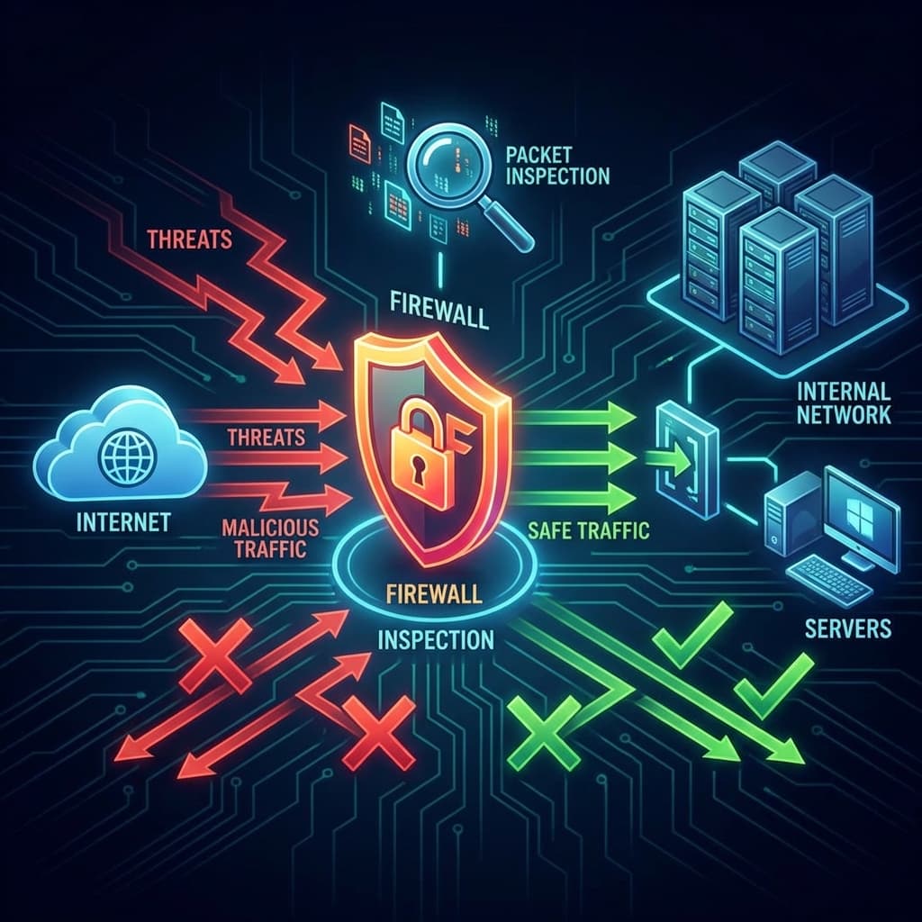 Firewall placement showing threat blocking and safe traffic allowing