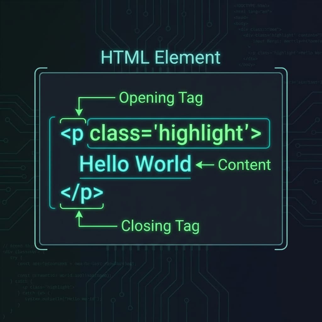 HTML Element breakdown showing opening tag, content, and closing tag