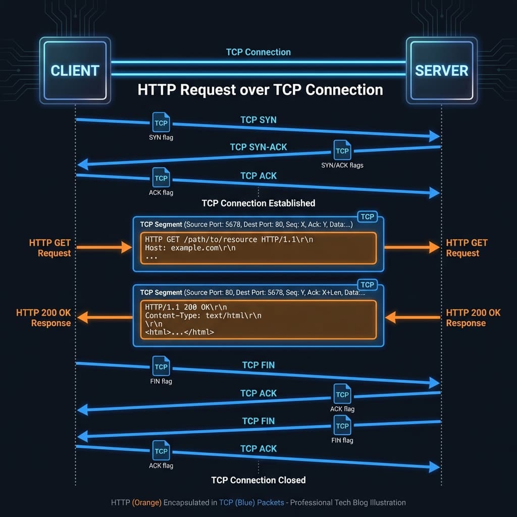 HTTP request flowing over a TCP connection showing encapsulation