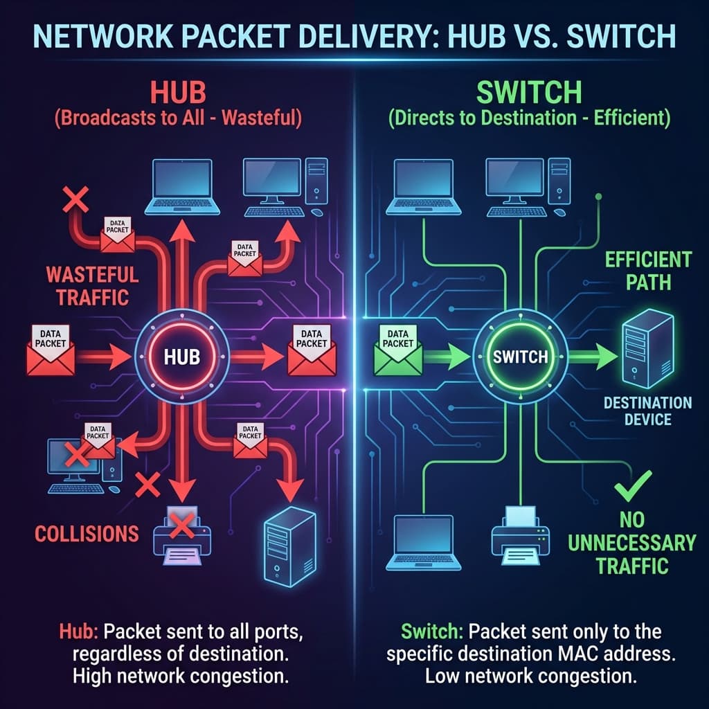 Hub vs Switch packet broadcast comparison showing inefficient vs efficient delivery