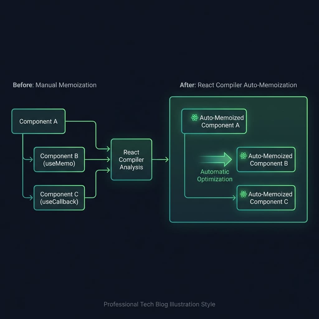 React Compiler automatic memoization flow showing before and after optimization
