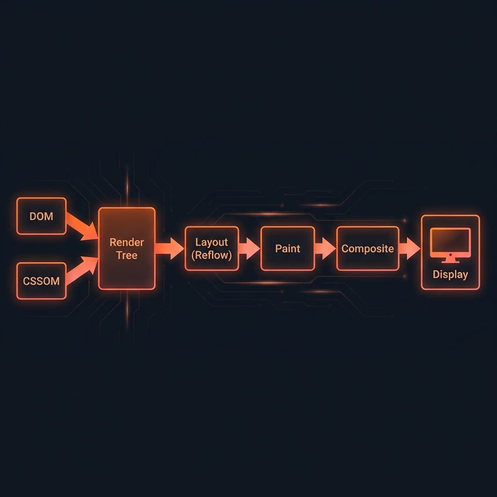 Render pipeline showing DOM and CSSOM merging into Render Tree, then Layout, Paint, and Display