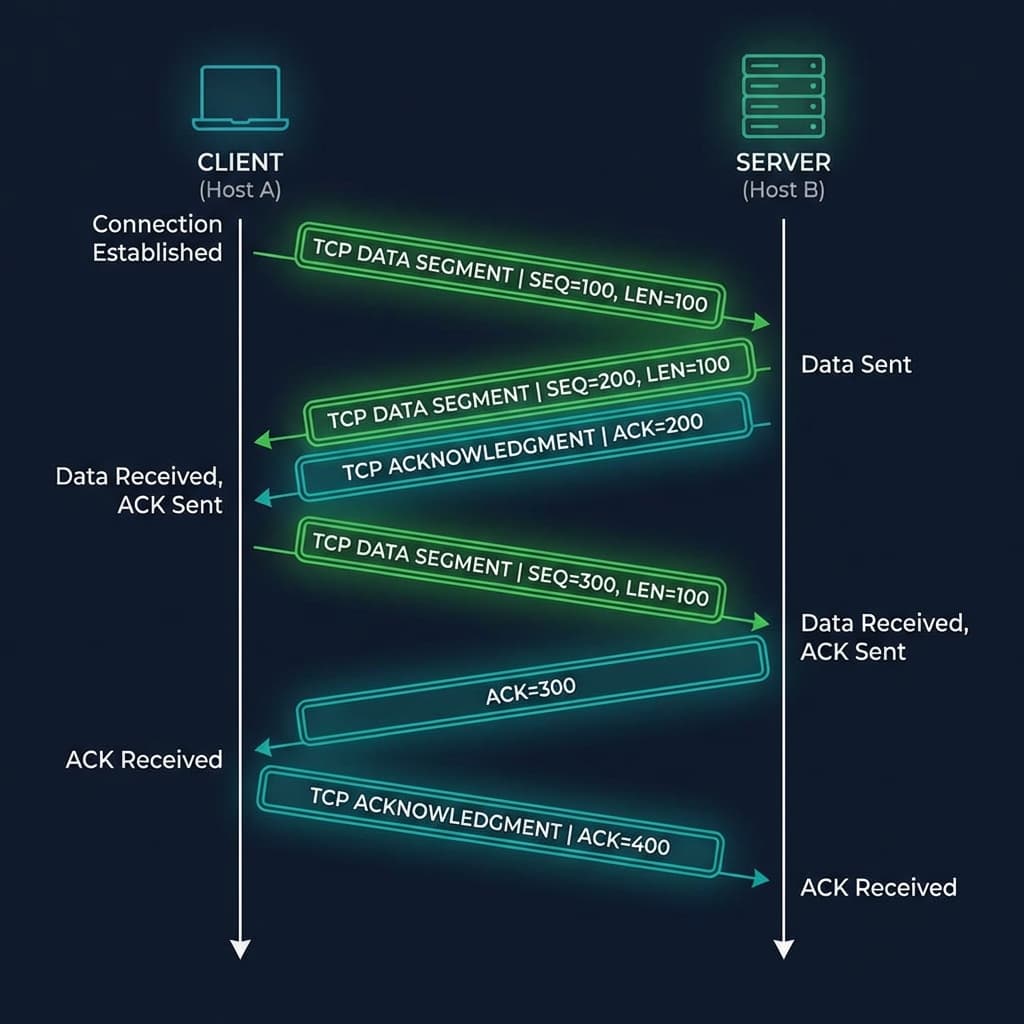 TCP data transfer showing sequence numbers and acknowledgments
