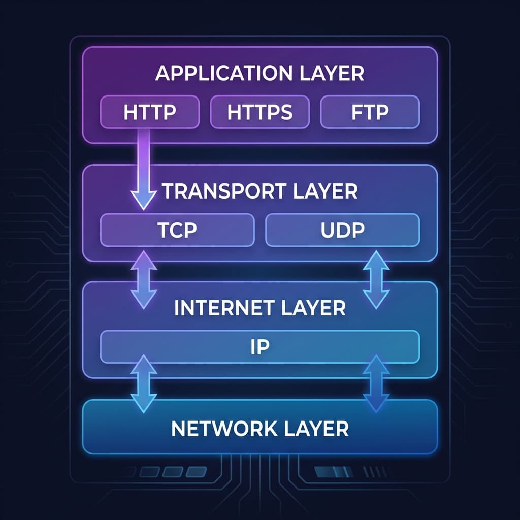 TCP/IP protocol layers showing Application, Transport, Internet, and Network layers