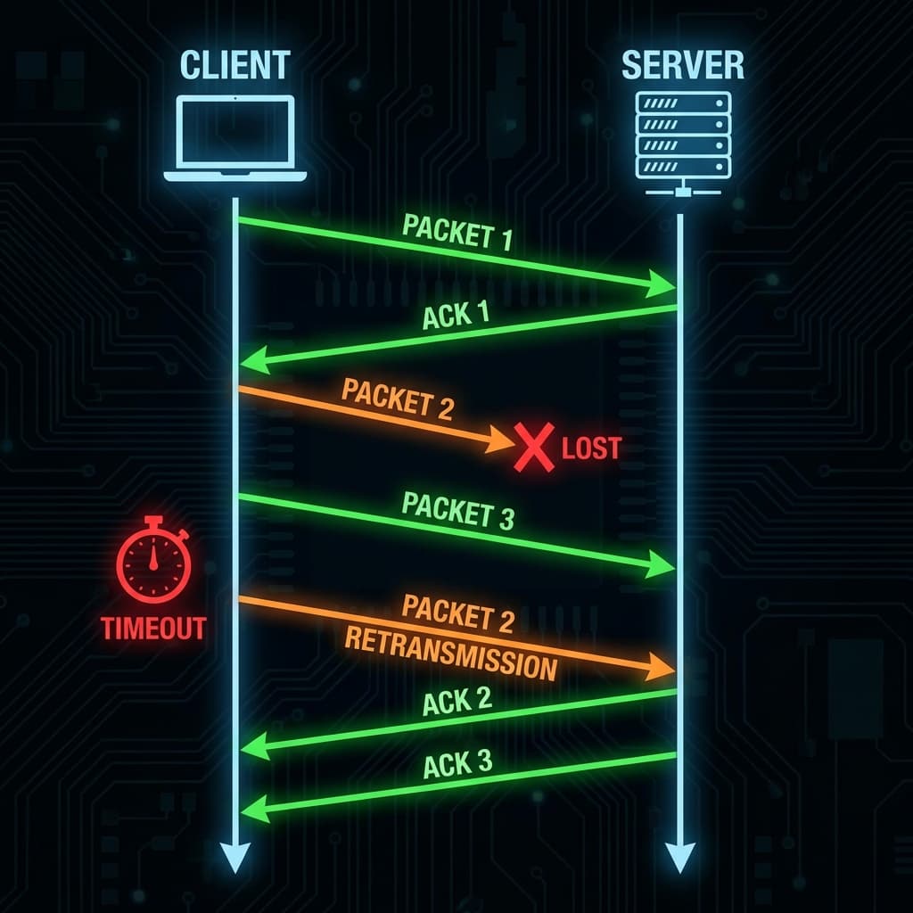 TCP packet loss and retransmission showing timeout and resend