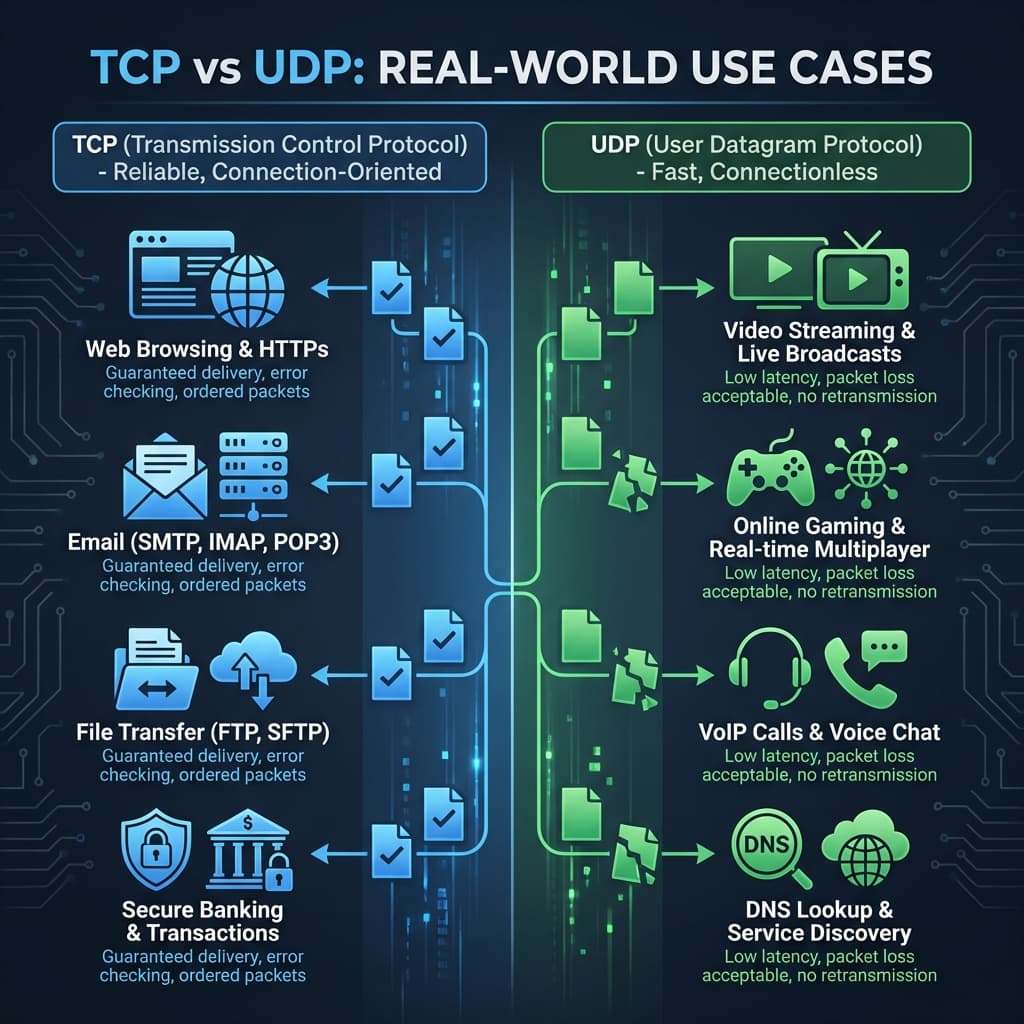 TCP vs UDP real-world use cases showing web, email, streaming, gaming