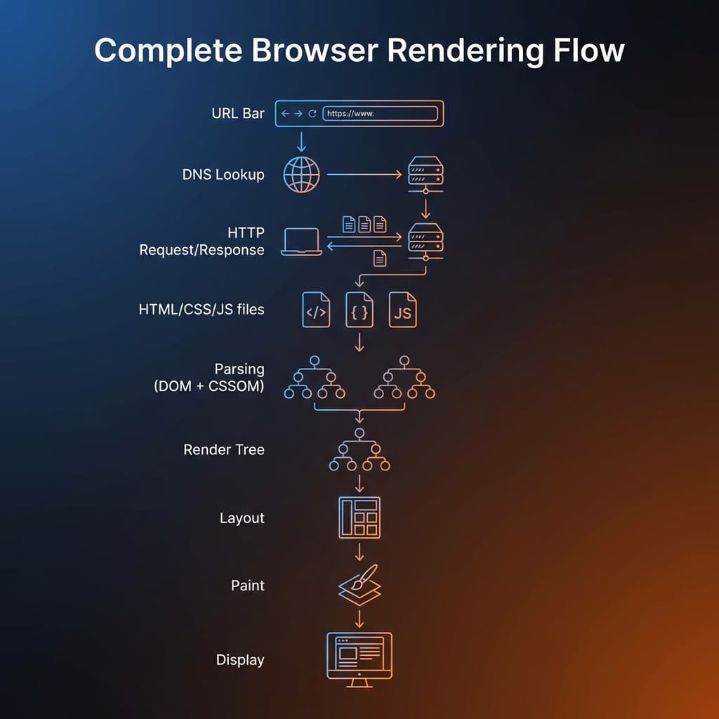 Complete browser rendering flow from URL to pixels on screen