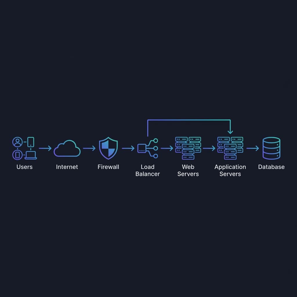 Complete web application network architecture showing all components